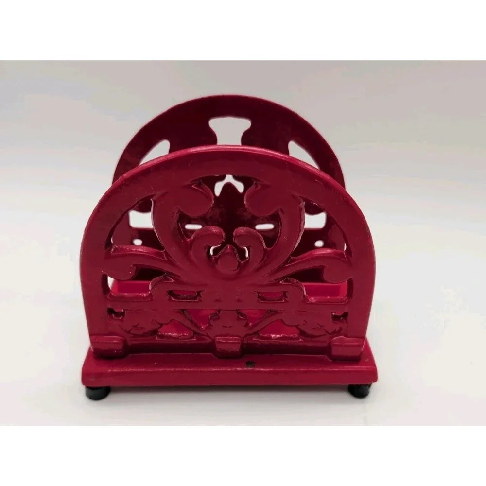 Cast Iron Napkin Holder Red Scroll Design Letter Organizer Farmhouse Heavy Vtg